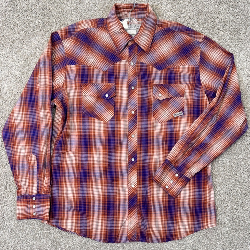 Wrangler Shirt Mens Large Wrancher MTW1109 Orange Purple Plaid Pearl Snap EUC